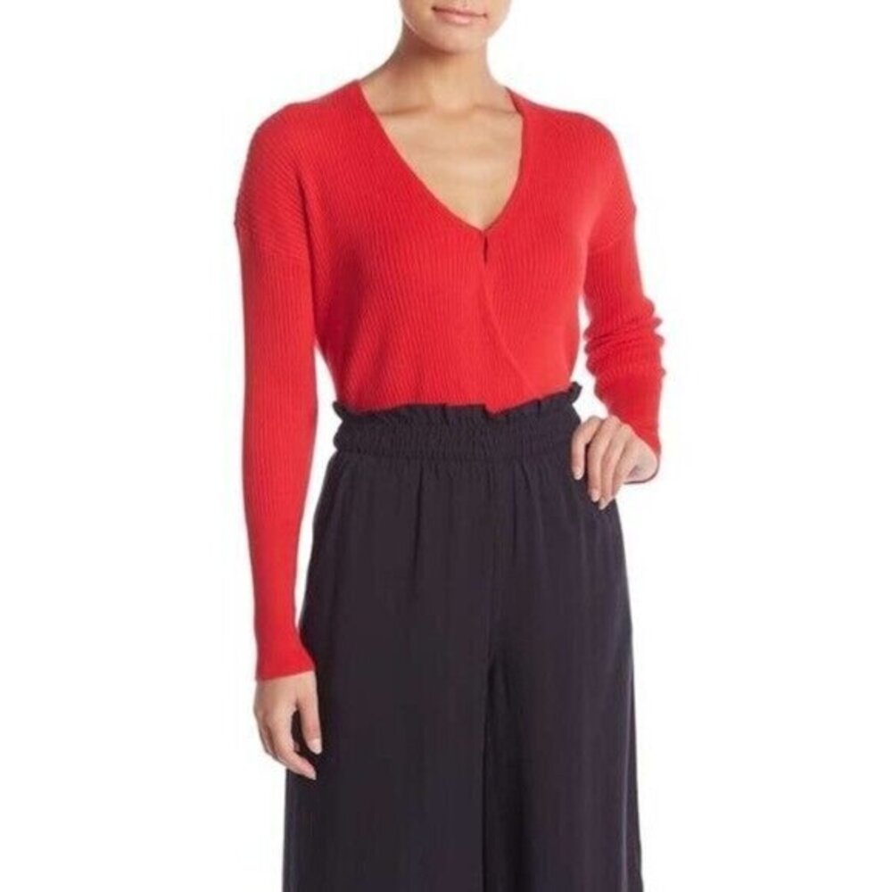 Elodie Faux Wrap Surplice Sweater Ribbed V Neck Knit Top Red SZ M New